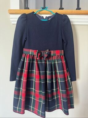 Abel & Lula Classic Navy & Red Tartan Girls' Holiday Dress with Bow